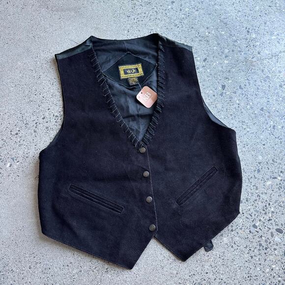 AJ’s Men’s Large Vest Black Suede Leather Snap 90s Western Rodeo Festival - Picture 1 of 5